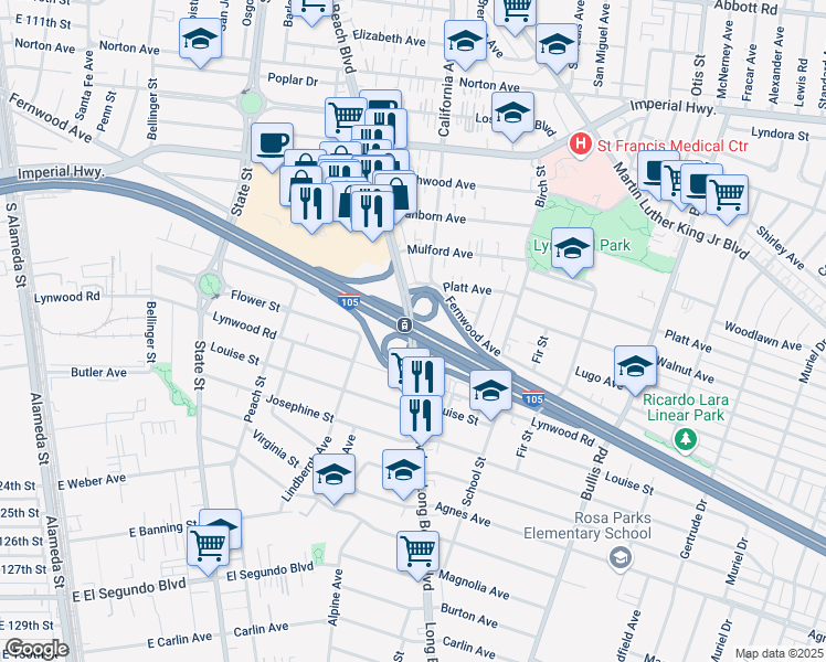 map of restaurants, bars, coffee shops, grocery stores, and more near 11453 Long Beach Boulevard in Lynwood