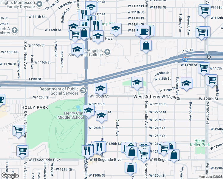 map of restaurants, bars, coffee shops, grocery stores, and more near 11905 South Trojan Avenue in Los Angeles