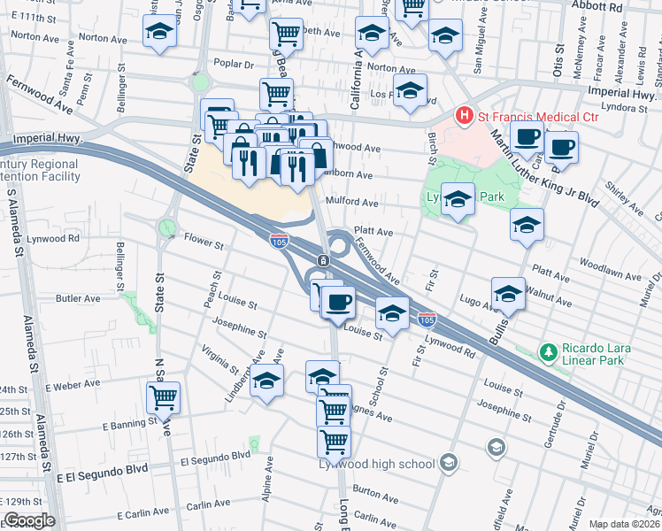 map of restaurants, bars, coffee shops, grocery stores, and more near 11453 Long Beach Boulevard in Lynwood
