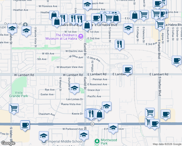 map of restaurants, bars, coffee shops, grocery stores, and more near 611 Clifton Street in La Habra