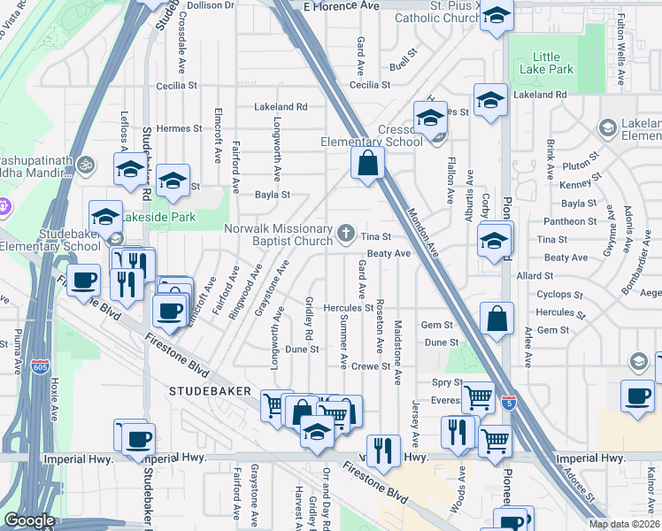 map of restaurants, bars, coffee shops, grocery stores, and more near 11812 Orr and Day Road in Norwalk