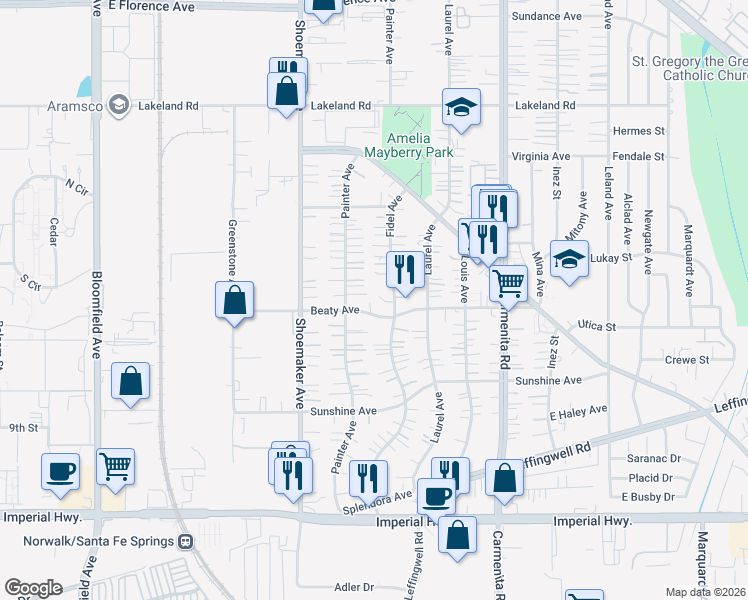 map of restaurants, bars, coffee shops, grocery stores, and more near 13142 Michelle Circle in Whittier