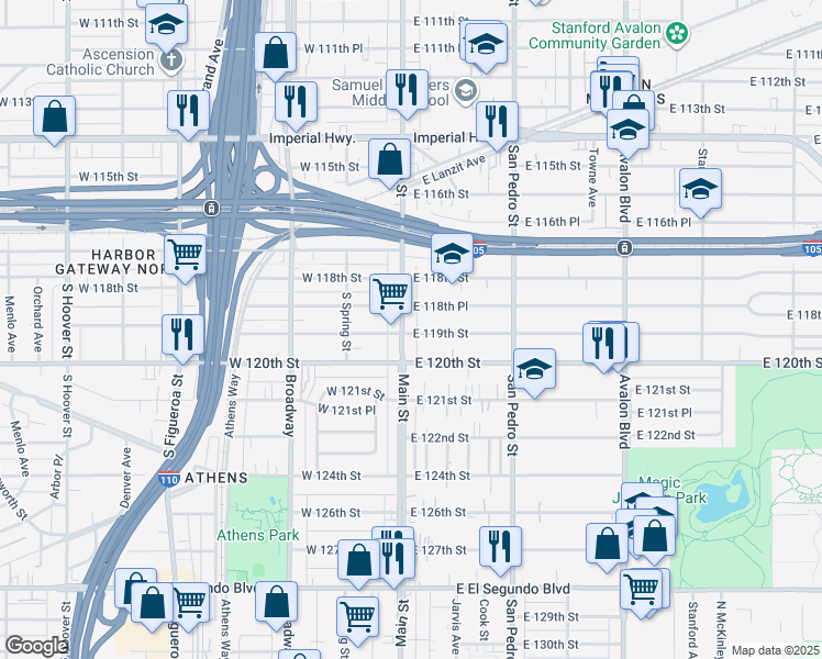 map of restaurants, bars, coffee shops, grocery stores, and more near 11878 Main Street in Los Angeles