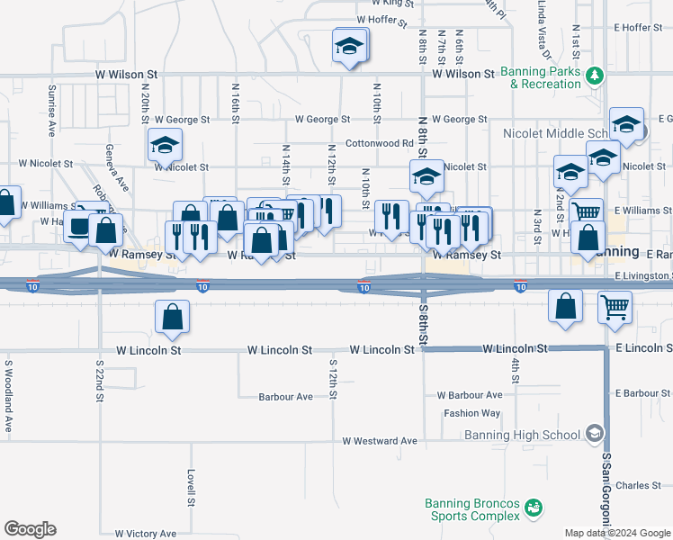 map of restaurants, bars, coffee shops, grocery stores, and more near 1125 West Ramsey Street in Banning