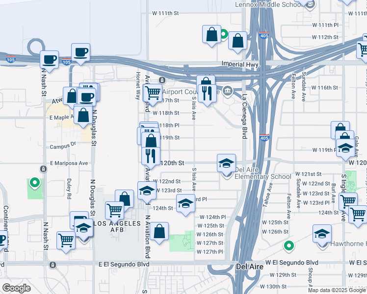 map of restaurants, bars, coffee shops, grocery stores, and more near 5425 West 119th Place in Inglewood
