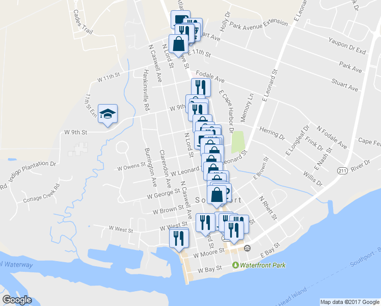 map of restaurants, bars, coffee shops, grocery stores, and more near 200 West Owens Street in Southport