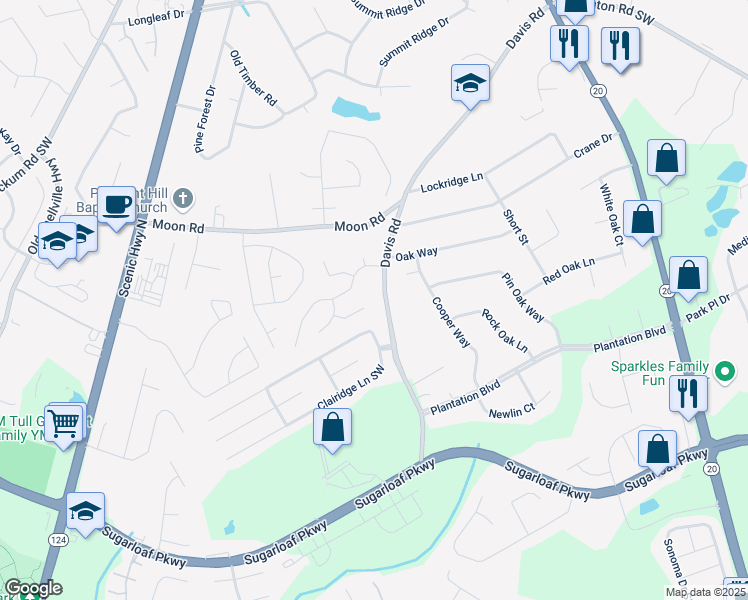 map of restaurants, bars, coffee shops, grocery stores, and more near 627 New England Way in Lawrenceville