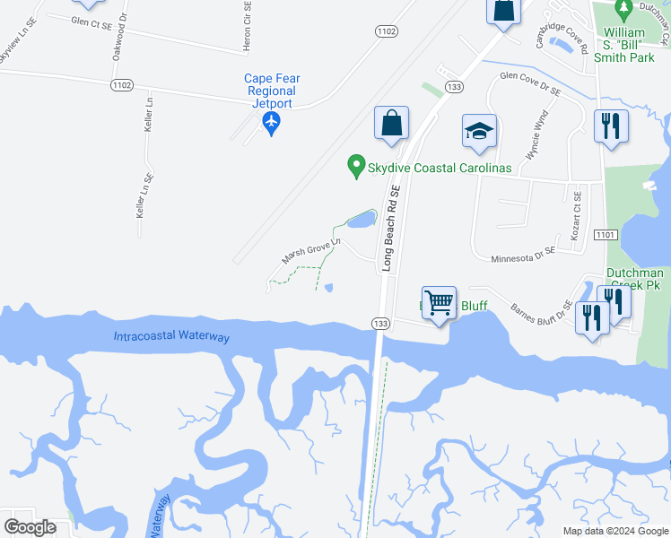map of restaurants, bars, coffee shops, grocery stores, and more near 3100 Marsh Grove Lane in Southport