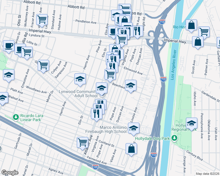 map of restaurants, bars, coffee shops, grocery stores, and more near 11175 Virginia Avenue in Lynwood