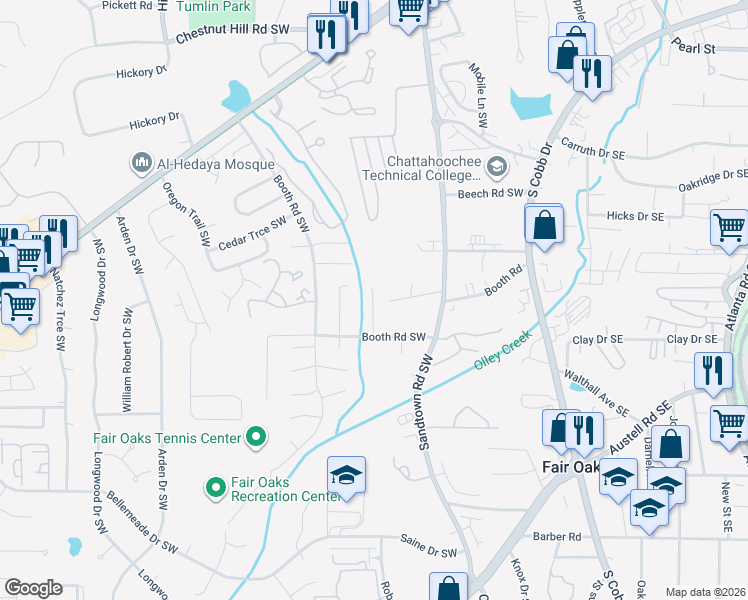 map of restaurants, bars, coffee shops, grocery stores, and more near 1100 Booth Court Southwest in Marietta