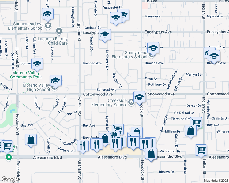 map of restaurants, bars, coffee shops, grocery stores, and more near 23779 Suncrest Avenue in Moreno Valley