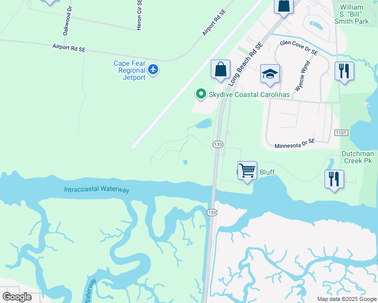 map of restaurants, bars, coffee shops, grocery stores, and more near 3100 Marsh Grove Lane in Southport