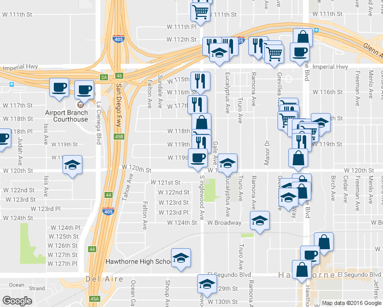 map of restaurants, bars, coffee shops, grocery stores, and more near 4821 West 119th Street in Hawthorne