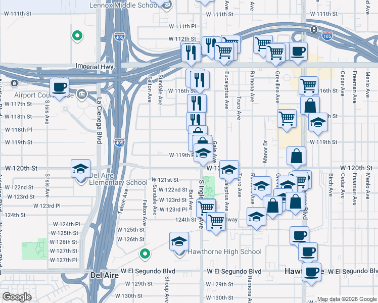 map of restaurants, bars, coffee shops, grocery stores, and more near 4829 West 119th Street in Hawthorne