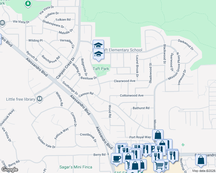 map of restaurants, bars, coffee shops, grocery stores, and more near 6939 Ridgetop Drive in Riverside