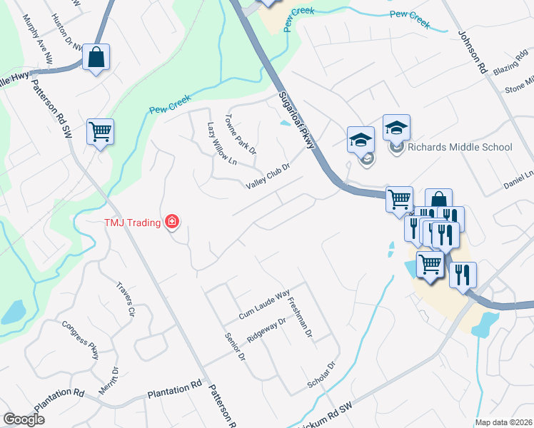 map of restaurants, bars, coffee shops, grocery stores, and more near 1907 Longmont Drive in Lawrenceville