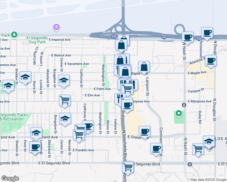 map of restaurants, bars, coffee shops, grocery stores, and more near 1630 East Palm Avenue in El Segundo