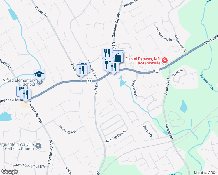 map of restaurants, bars, coffee shops, grocery stores, and more near 37 Oak Green Drive in Lawrenceville