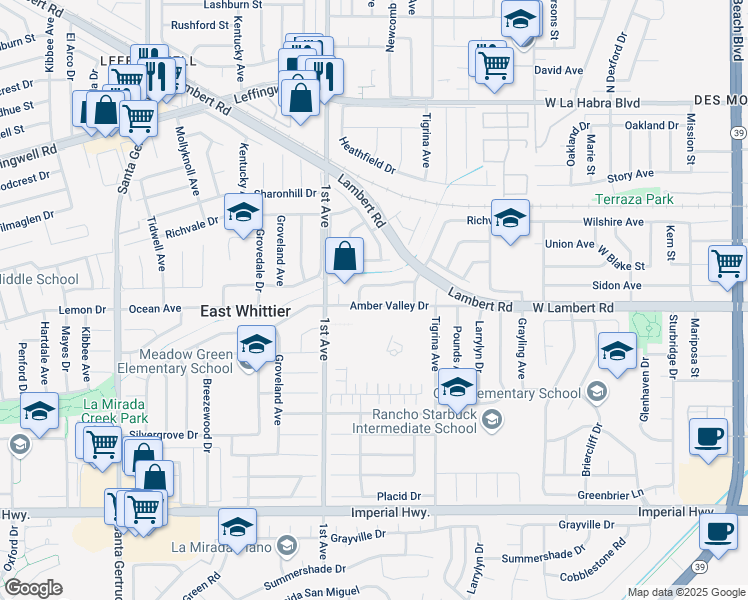 map of restaurants, bars, coffee shops, grocery stores, and more near 16263 Sugargrove Drive in Whittier