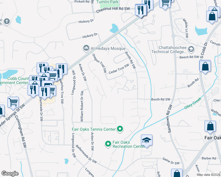 map of restaurants, bars, coffee shops, grocery stores, and more near 1172 Cayman Lane Southwest in Marietta