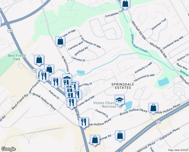 map of restaurants, bars, coffee shops, grocery stores, and more near 5950 Hickory Springs Drive Northwest in Norcross