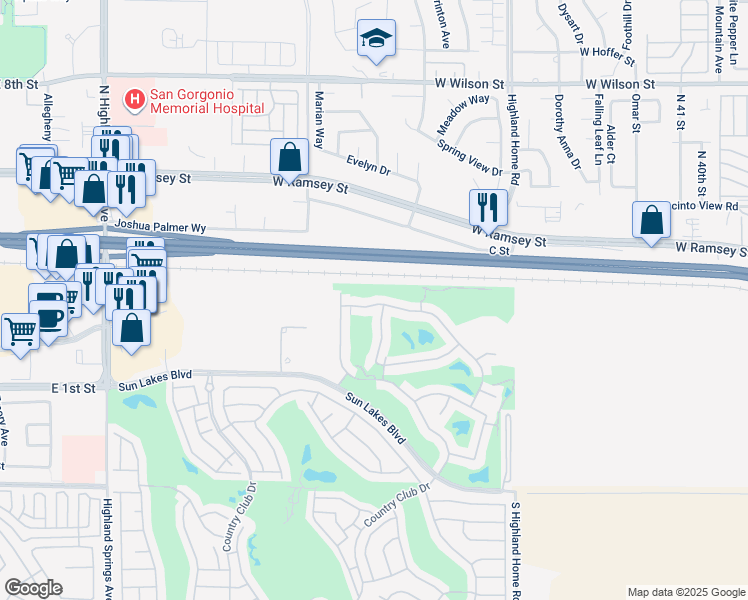 map of restaurants, bars, coffee shops, grocery stores, and more near 322 Brooklawn Drive in Banning