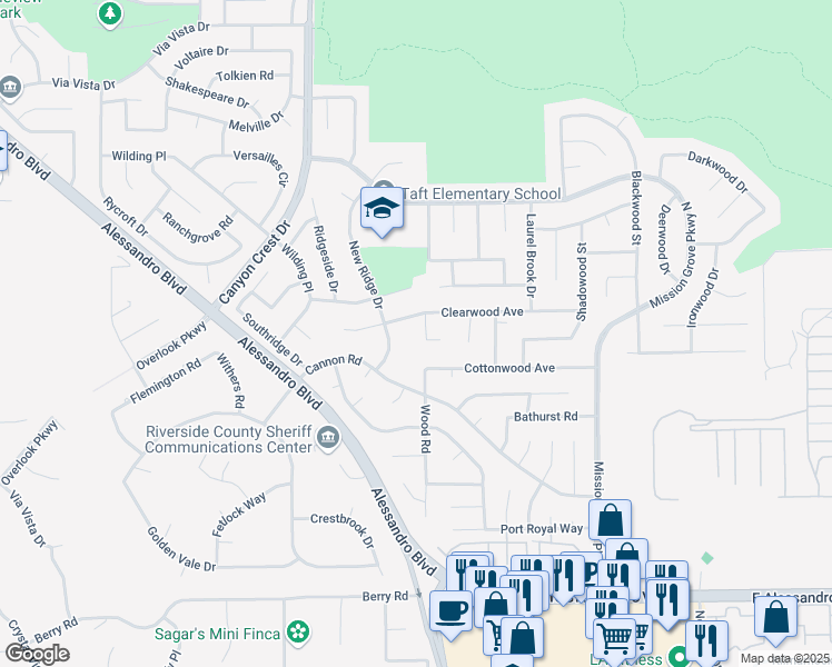 map of restaurants, bars, coffee shops, grocery stores, and more near 6939 Ridgetop Drive in Riverside
