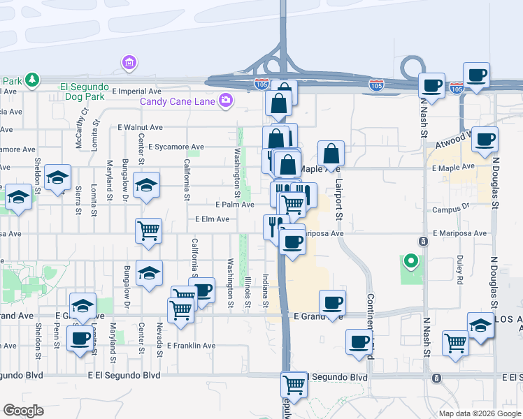 map of restaurants, bars, coffee shops, grocery stores, and more near 1630 East Palm Avenue in El Segundo