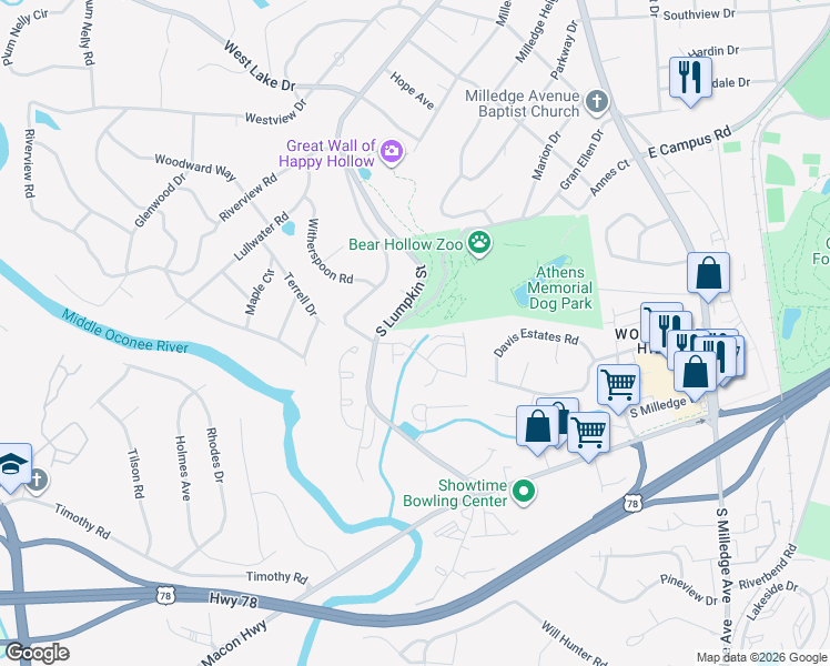 map of restaurants, bars, coffee shops, grocery stores, and more near 131 Sleepy Creek Drive in Athens