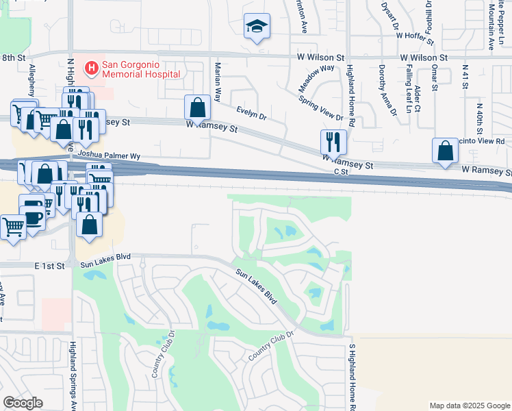 map of restaurants, bars, coffee shops, grocery stores, and more near 322 Brooklawn Drive in Banning