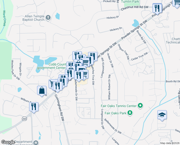 map of restaurants, bars, coffee shops, grocery stores, and more near 1179-A Natchez Trce Southwest in Marietta