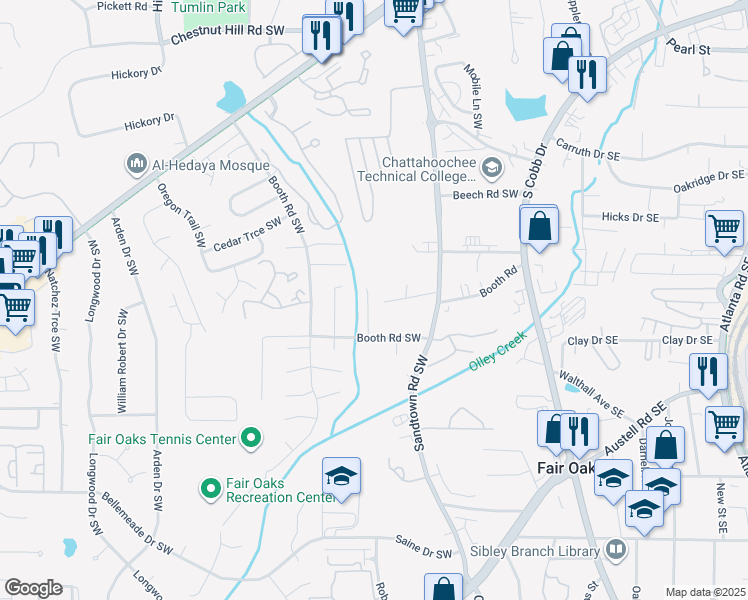 map of restaurants, bars, coffee shops, grocery stores, and more near 1100 Booth Court Southwest in Marietta