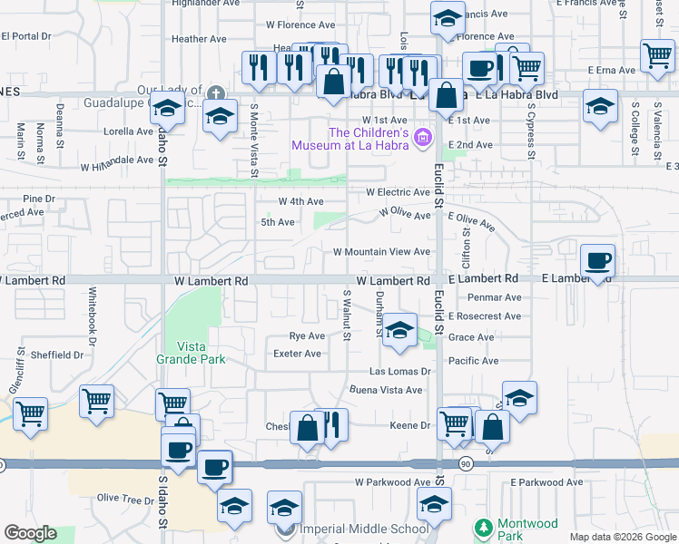 map of restaurants, bars, coffee shops, grocery stores, and more near 530 West Mountain View Avenue in La Habra