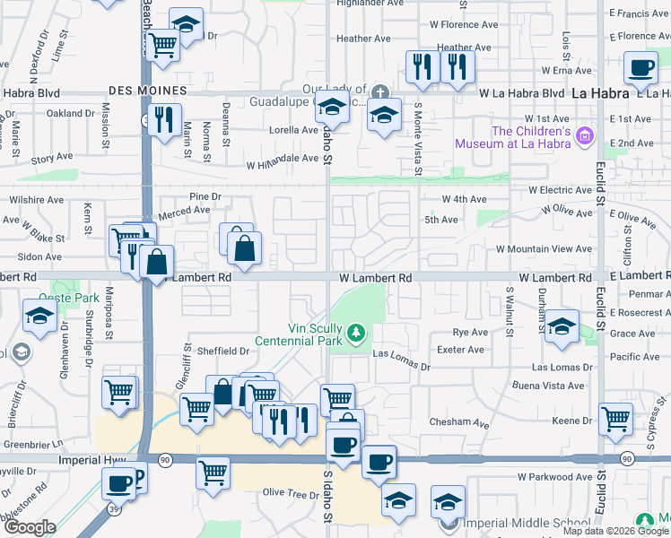 map of restaurants, bars, coffee shops, grocery stores, and more near 1001 West Lambert Road in La Habra
