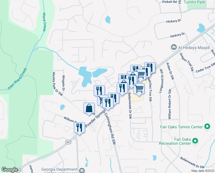 map of restaurants, bars, coffee shops, grocery stores, and more near 845 Lake Hollow Boulevard Southwest in Marietta