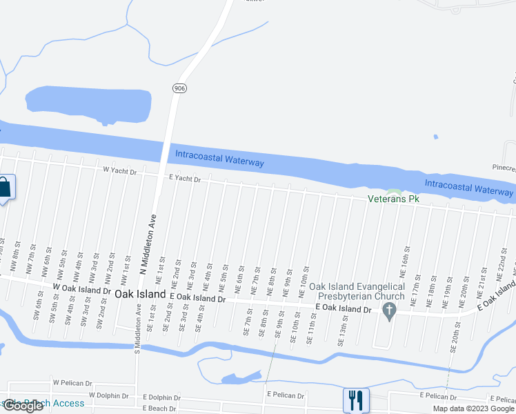 map of restaurants, bars, coffee shops, grocery stores, and more near 160 Northeast 6th Street in Oak Island
