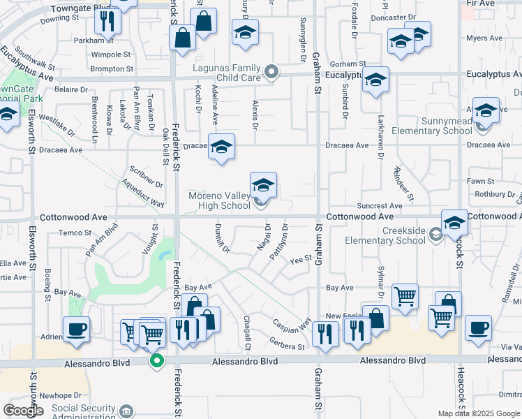map of restaurants, bars, coffee shops, grocery stores, and more near 23300 Cottonwood Avenue in Moreno Valley