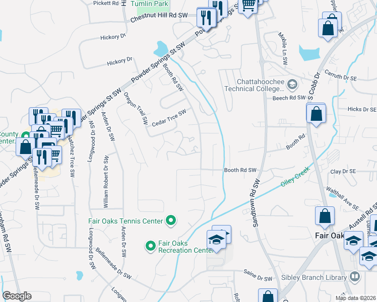 map of restaurants, bars, coffee shops, grocery stores, and more near 549 Summit Lane Southwest in Marietta