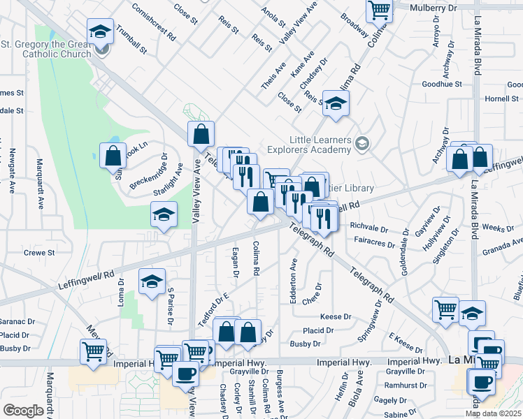 map of restaurants, bars, coffee shops, grocery stores, and more near 11711 Colima Road in Whittier