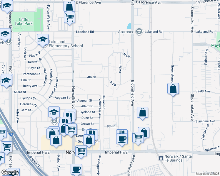 map of restaurants, bars, coffee shops, grocery stores, and more near 11401 Bloomfield Avenue in Norwalk
