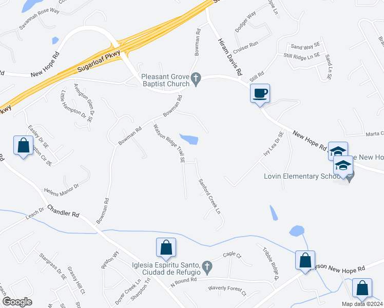 map of restaurants, bars, coffee shops, grocery stores, and more near 590 Sanford Creek Lane in Lawrenceville