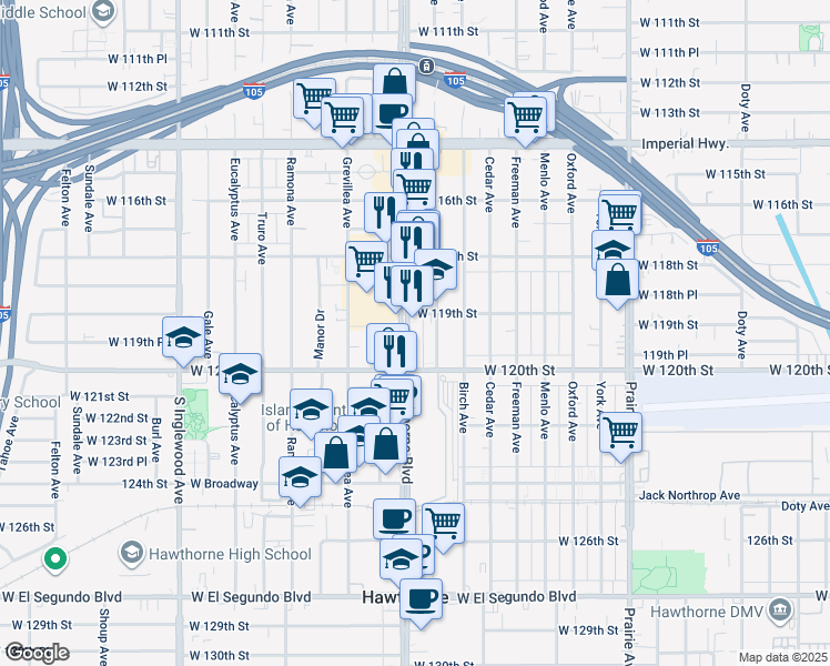 map of restaurants, bars, coffee shops, grocery stores, and more near 11886 Acacia Avenue in Hawthorne