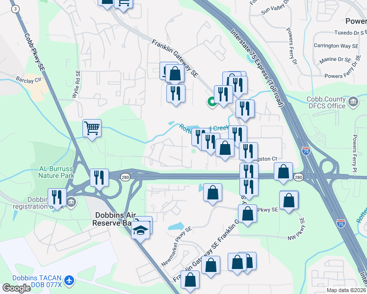 map of restaurants, bars, coffee shops, grocery stores, and more near 1192 Ashborough Drive in Marietta