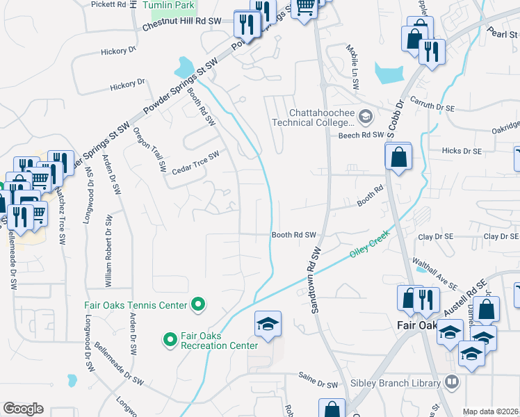 map of restaurants, bars, coffee shops, grocery stores, and more near 1171 Jill Lane Southwest in Marietta