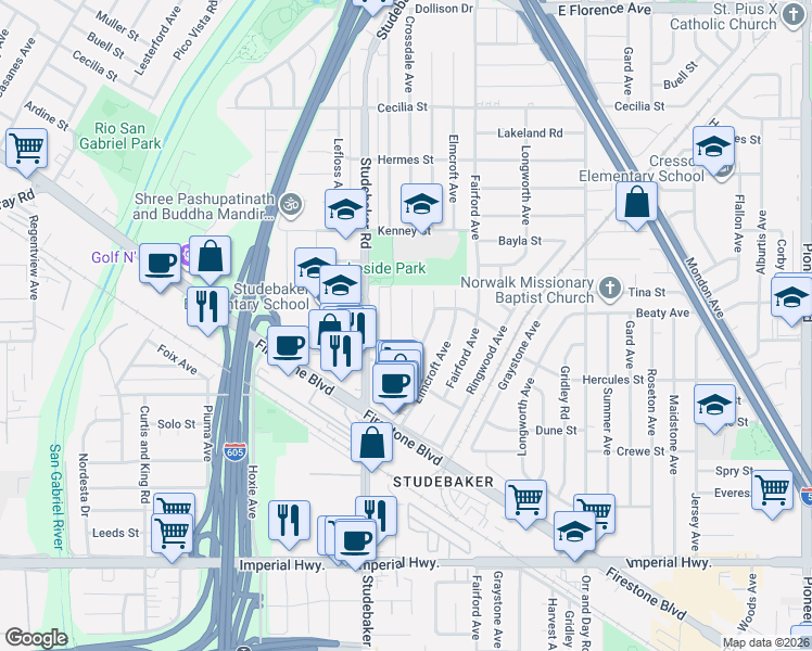 map of restaurants, bars, coffee shops, grocery stores, and more near 11722 Benfield Avenue in Norwalk
