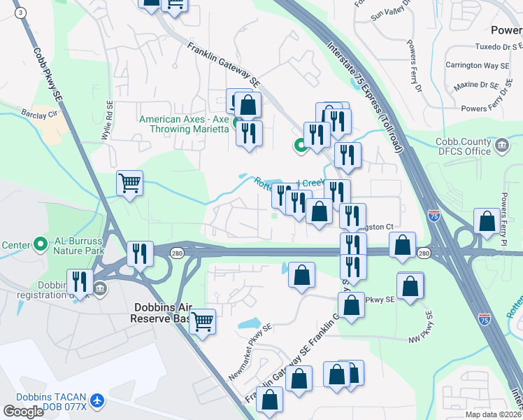 map of restaurants, bars, coffee shops, grocery stores, and more near 1982 Delk Industrial Boulevard Southeast in Marietta