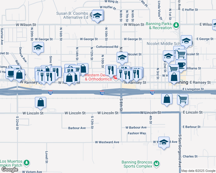 map of restaurants, bars, coffee shops, grocery stores, and more near 991 West Ramsey Street in Banning