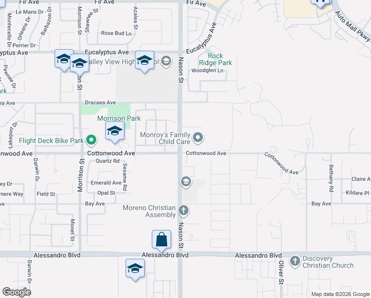 map of restaurants, bars, coffee shops, grocery stores, and more near 27034 Cottonwood Avenue in Moreno Valley