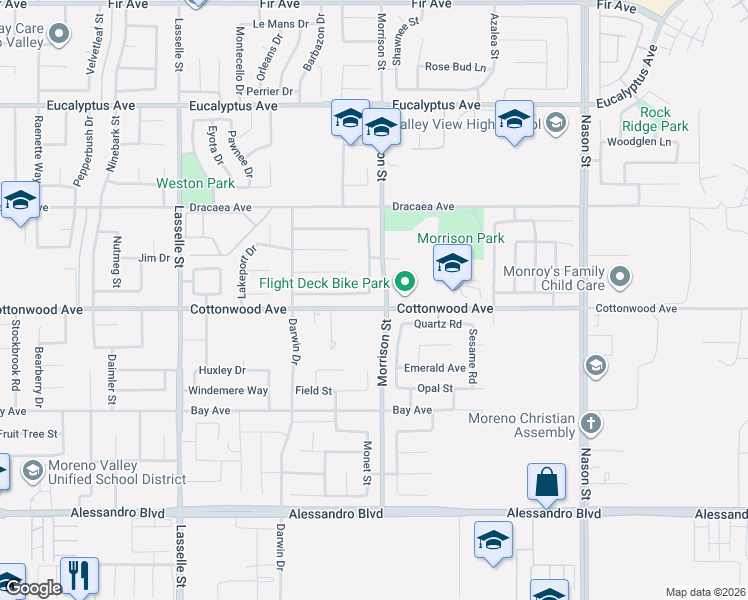 map of restaurants, bars, coffee shops, grocery stores, and more near 13419 Yuba Pass Road in Moreno Valley