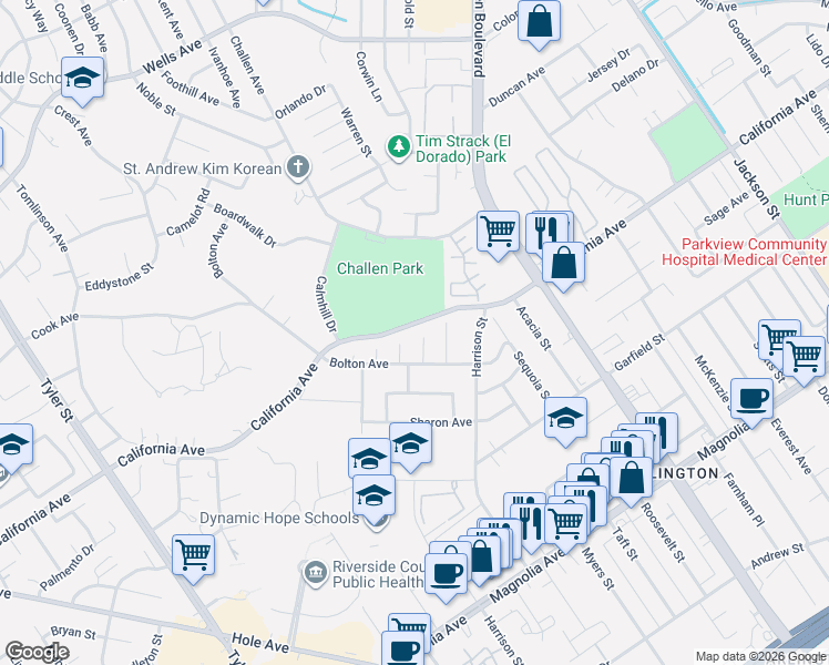 map of restaurants, bars, coffee shops, grocery stores, and more near 4262 Lionhead Avenue in Riverside